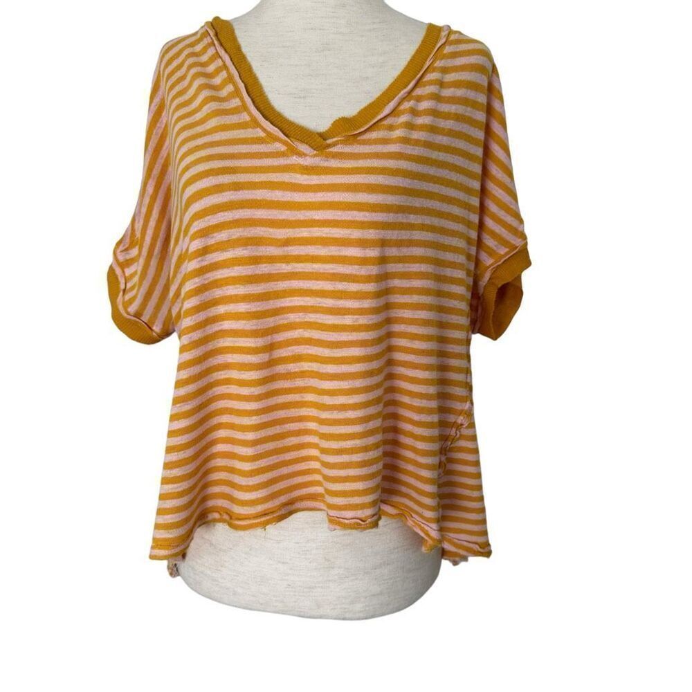 Free People We The Free Striped Take Me Tee Linen Blend Sz Small Boho Oversized